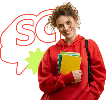 Professora sorridente de moletom vermelho segurando livros